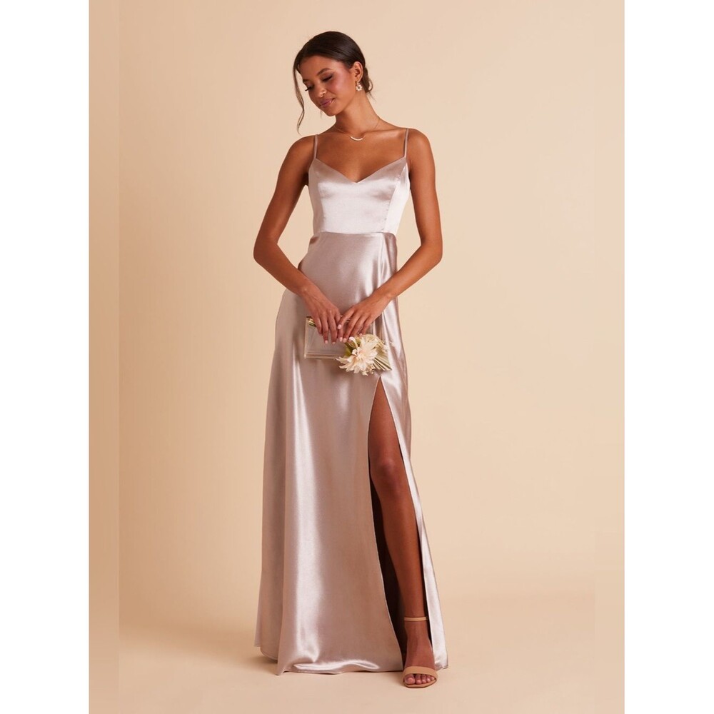 Birdy Grey Shiny Satin Taupe Jay Dress with Slit Size Small